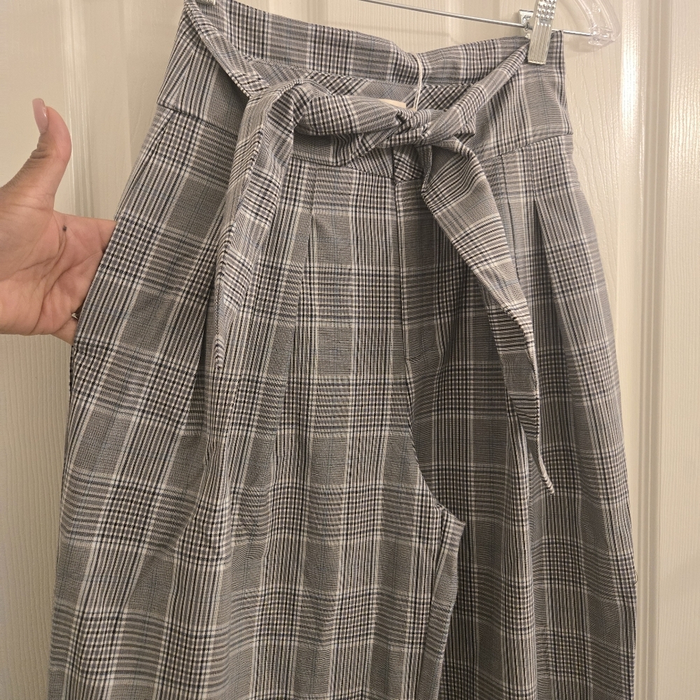 Gray Plaid Wide Leg Pants Tie Front High Rise Trousers Size: 0 - Picture 6 of 10